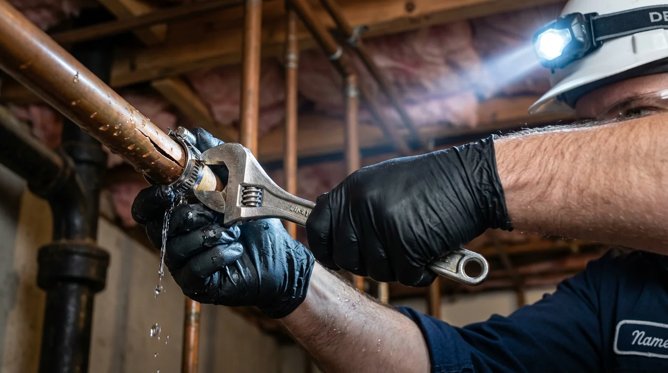 Emergency pipe clamp repair being performed by a Johns Plumbing LLC plumber in Cascade