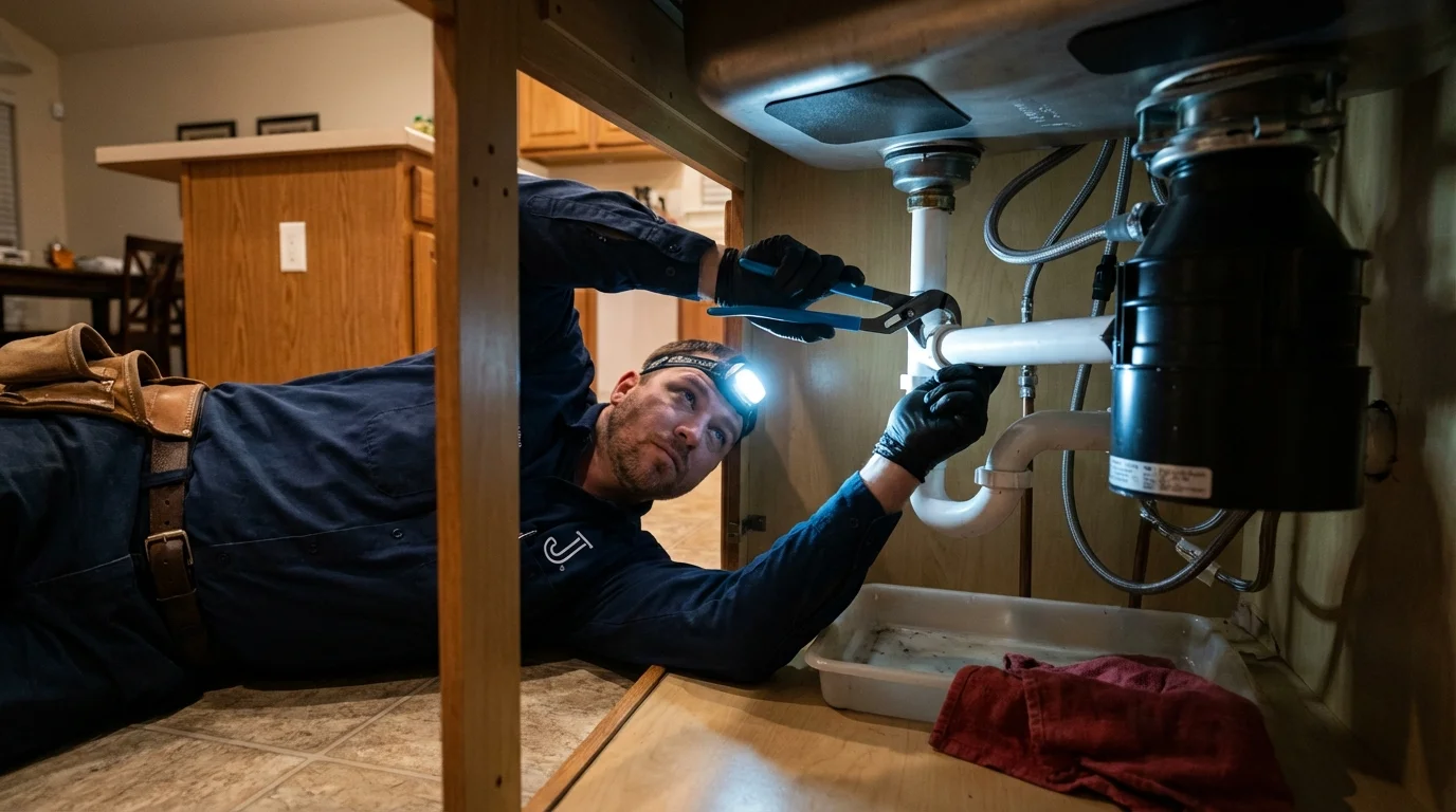 P-trap and supply line connections under a kitchen sink showing a common leak point in Cascade, ID